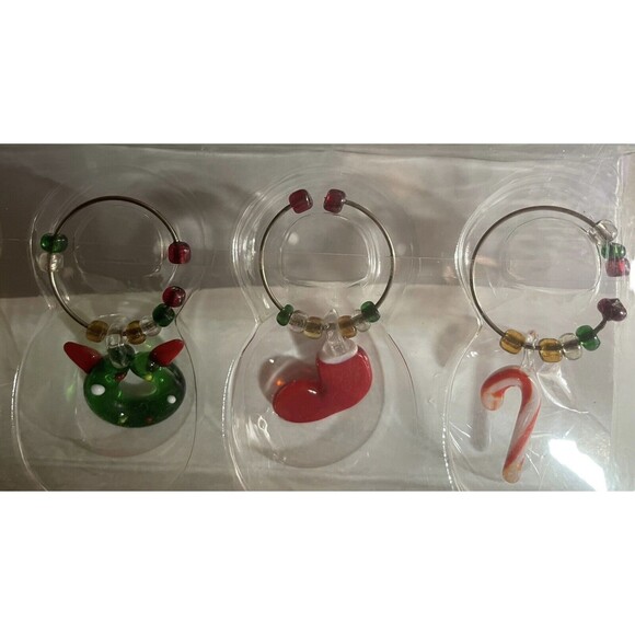 LS Arts Christmas Wine Glass Charms Ornaments Holiday Set Of 6 Hand Crafted - Picture 4 of 6